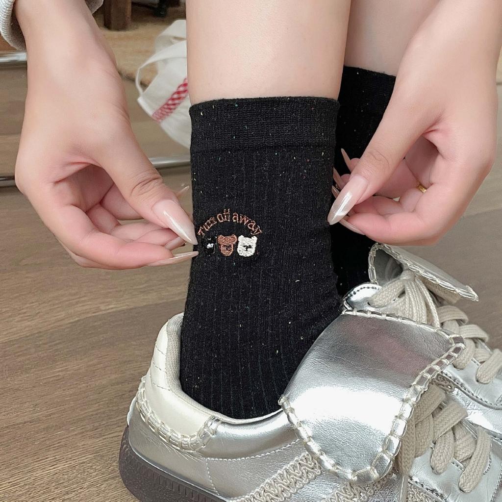 Cartoon Bear Embroidery Socks Spring And Autumn Idea Yarn Versatile Long Pile Socks Casual Versatile