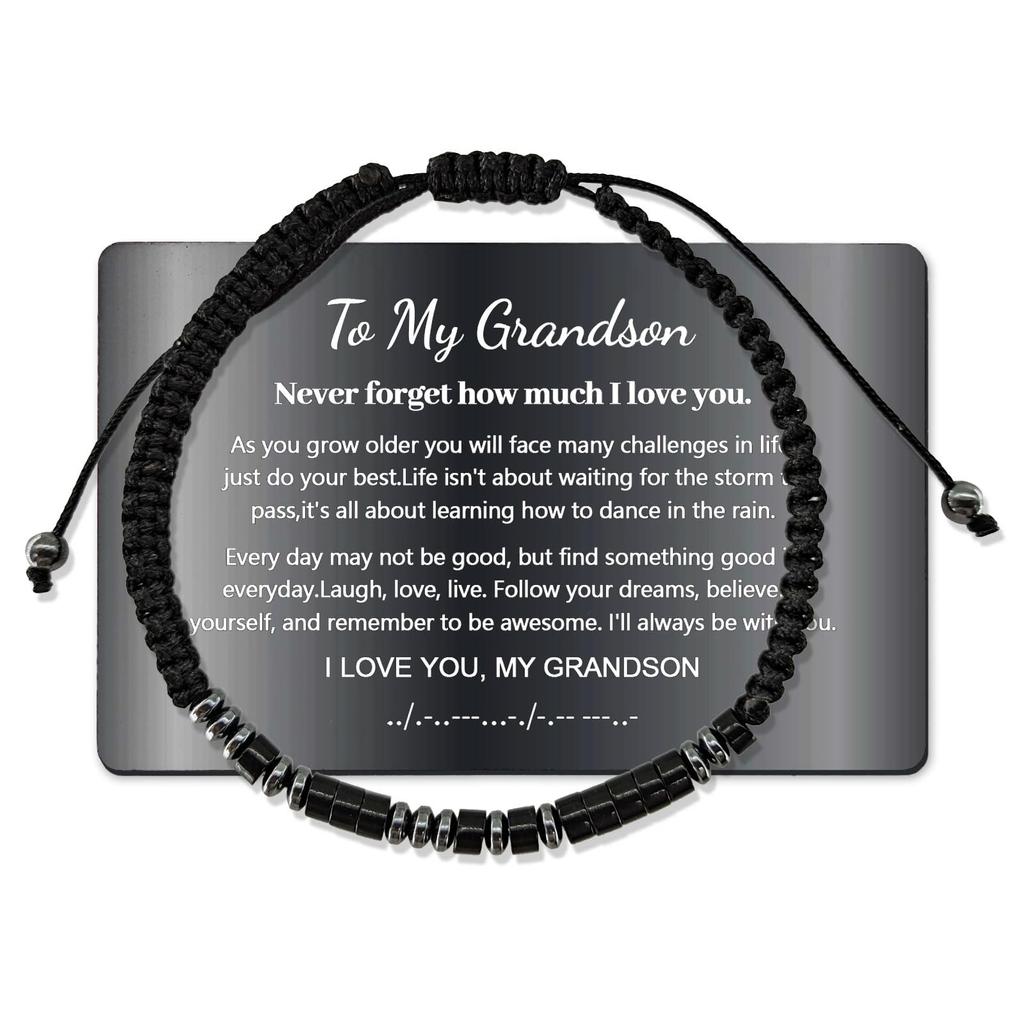 Morse Code Stainless Steel Engraving Steel Brand Bracelet European and American Black Iron Stone Wood Chip Beaded Card Morse Code Bracelet