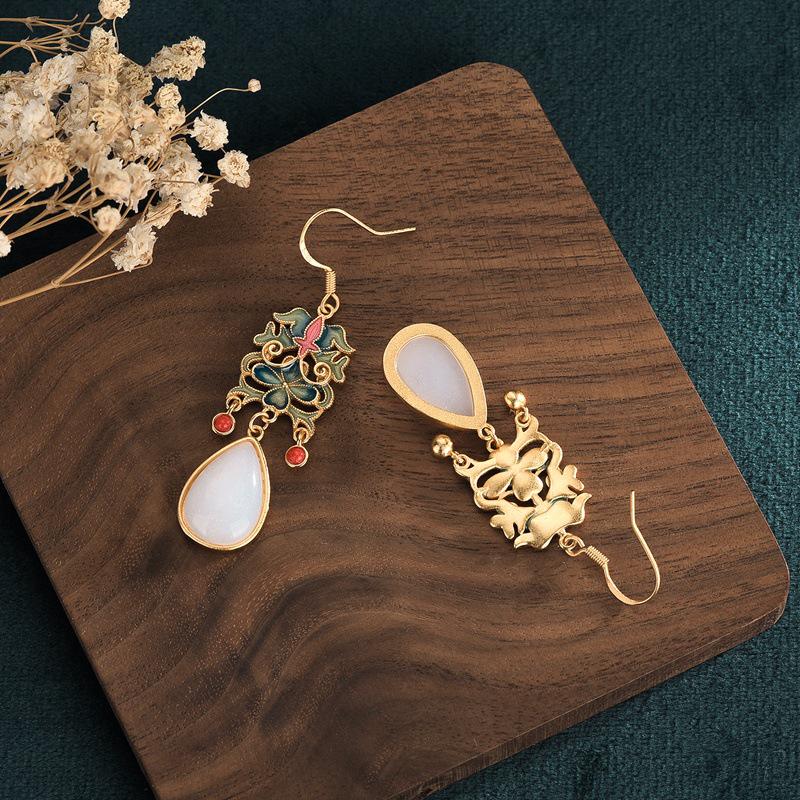 Retro National Trend Cloisonné Enamel Earrings with Southern Red Agate and White Jade for Hanfu Costumes