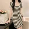 Women's French Retro Stripe Square Neck T-shirt Dress - Summer Slimming Bodycon