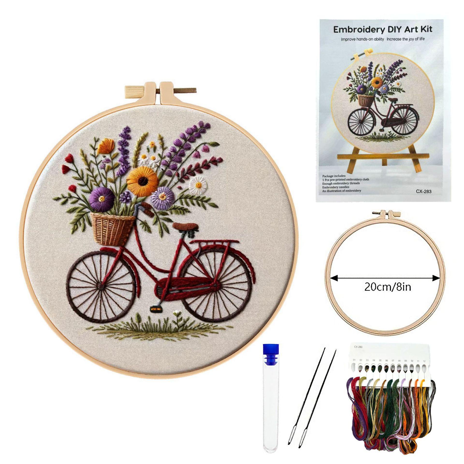

1 набор Набор для вышивания велосипеда с цветочным узором, набор материалов для вышивания крестом, подходит для начинающих, руководство по английской вышивке, набор материалов для рукоделия для вышивания своими руками 20cm