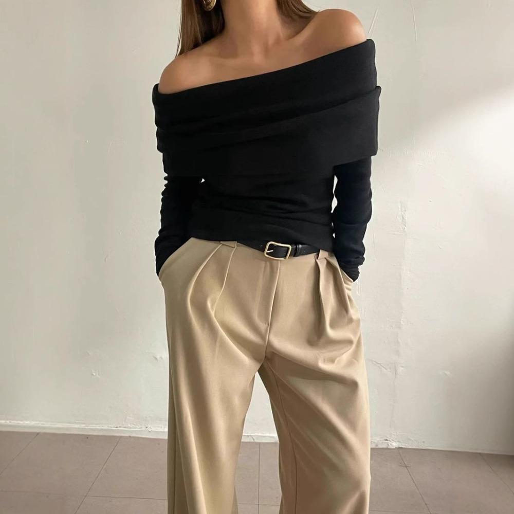 Sexy schulterfreier Langarm-Strickpullover für den Sommer, einfarbiger, eleganter und modischer, schmaler Kurzpullover für Damen