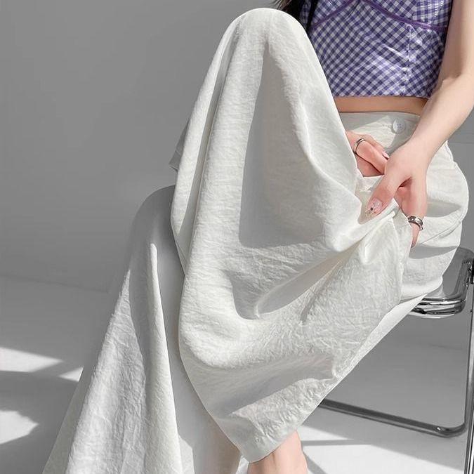 Women's White Lace Two-Piece Wide-Leg Pants with Crotch Cover - High-Waisted, Slimming, Draping, Floor-Length for Summer