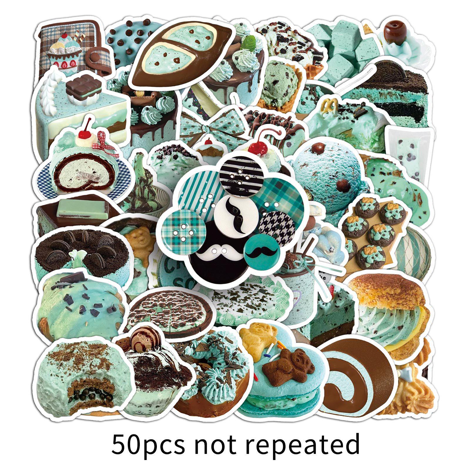 50 Cute Waterproof Ins Style Stickers: Blue-Green Cake & Food, Ideal for Stationery & Storage Box Decoration