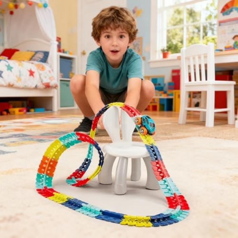 Mimoqk Interactive Race Track Set with LED Lighting Remote Control Toy Cars for Kids Boys Girls Living Room Bedroom Family Activity Party Gift