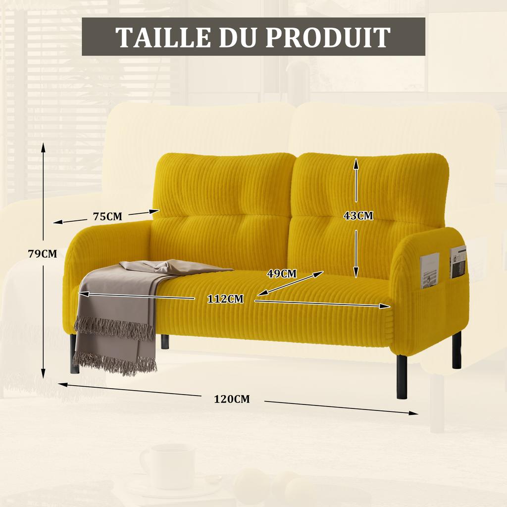 Corduroy Two-Seater with Comfort Upholstery High Backrest & Side Pockets Metal Legs Inviting Softness Optimal Support Perfect for Home Office Lounges