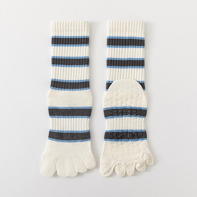 Spring and Summer Bright Striped Mid-calf Split-finger Cotton Socks, High-top Yoga Fitness Sports Anti-slip Socks, Five-finger Socks Pilates