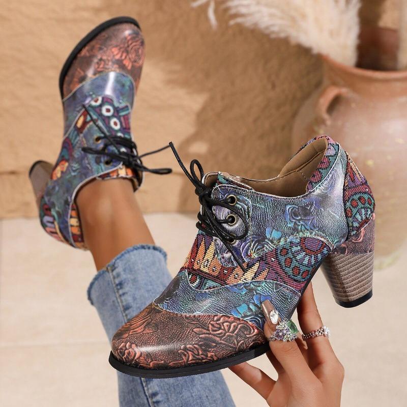 Spring and Autumn Coarse Heel High Heel Single Shoes Pointed Large Size-4 Size Deep Mouth Lace-Up Women's Shoes