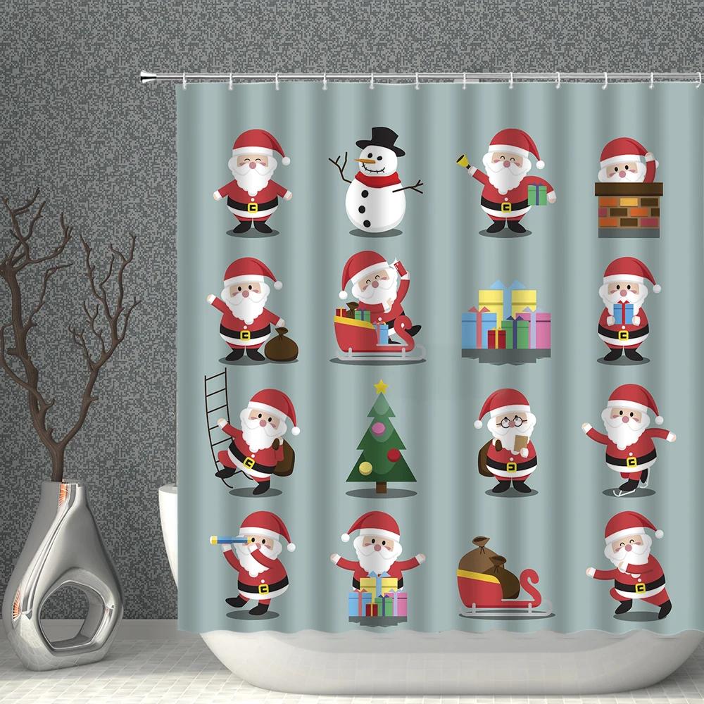 ChristmasTree Bells Shower Curtain Set Happy New Year Waterproof Polyester Cloth Curtains With Hooks Bathroom Home Decor