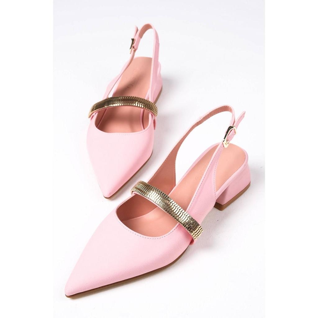 Chaussures à talons courts en tissu satiné mat rose clair élégant pour femmes