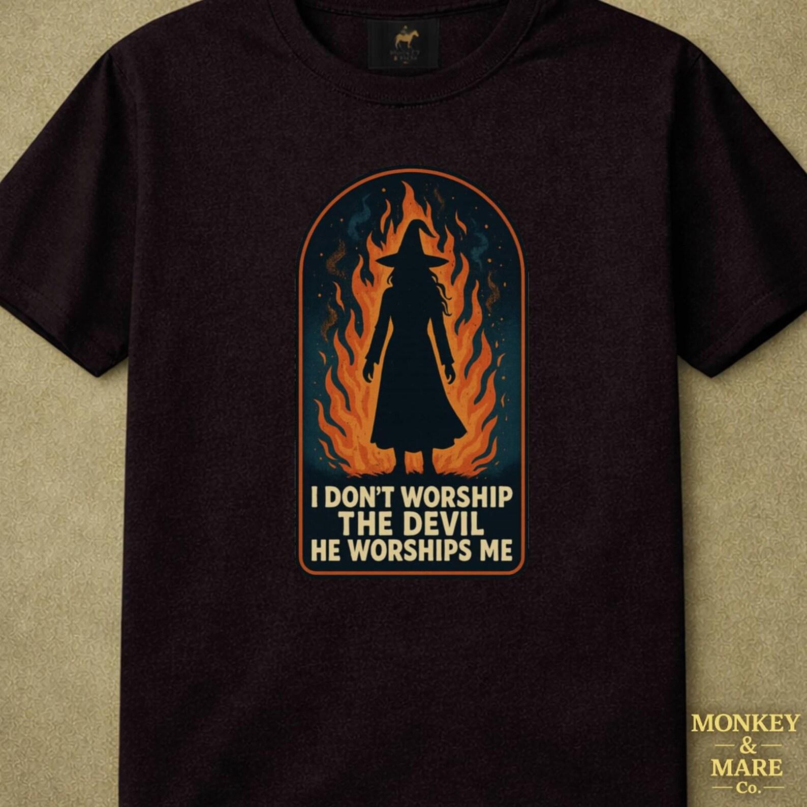 Witch Silhouette Bonfire Shirt, I Don t Worship The Devil He Worships Me, Gothic Humor Dark Humor, Witchcore Halloween Gift, Witchy Tee 2XL