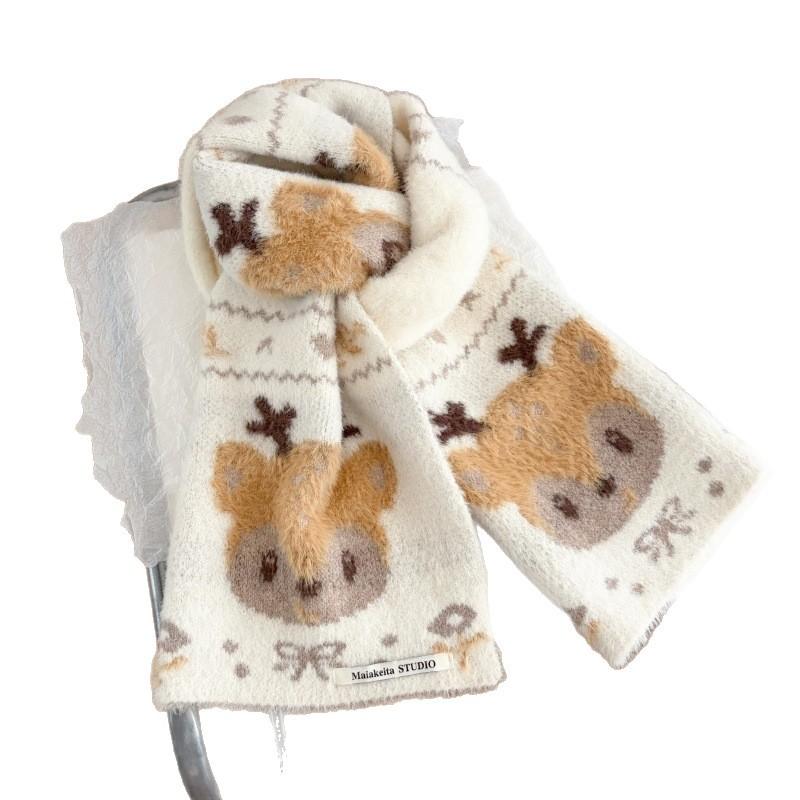 Cute deer jacquard plush knitted scarf season Korean atmosphere cold and warm neck protection scarf tide