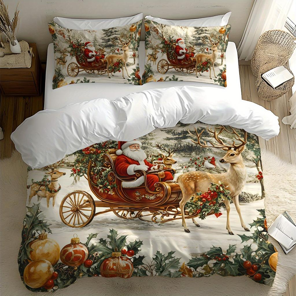 Christmas Super Soft Fleece Digital Printing Quilt Cover Kit Gift Pattern Santa Claus Sleigh Reindeer Snowman And Snowflake
