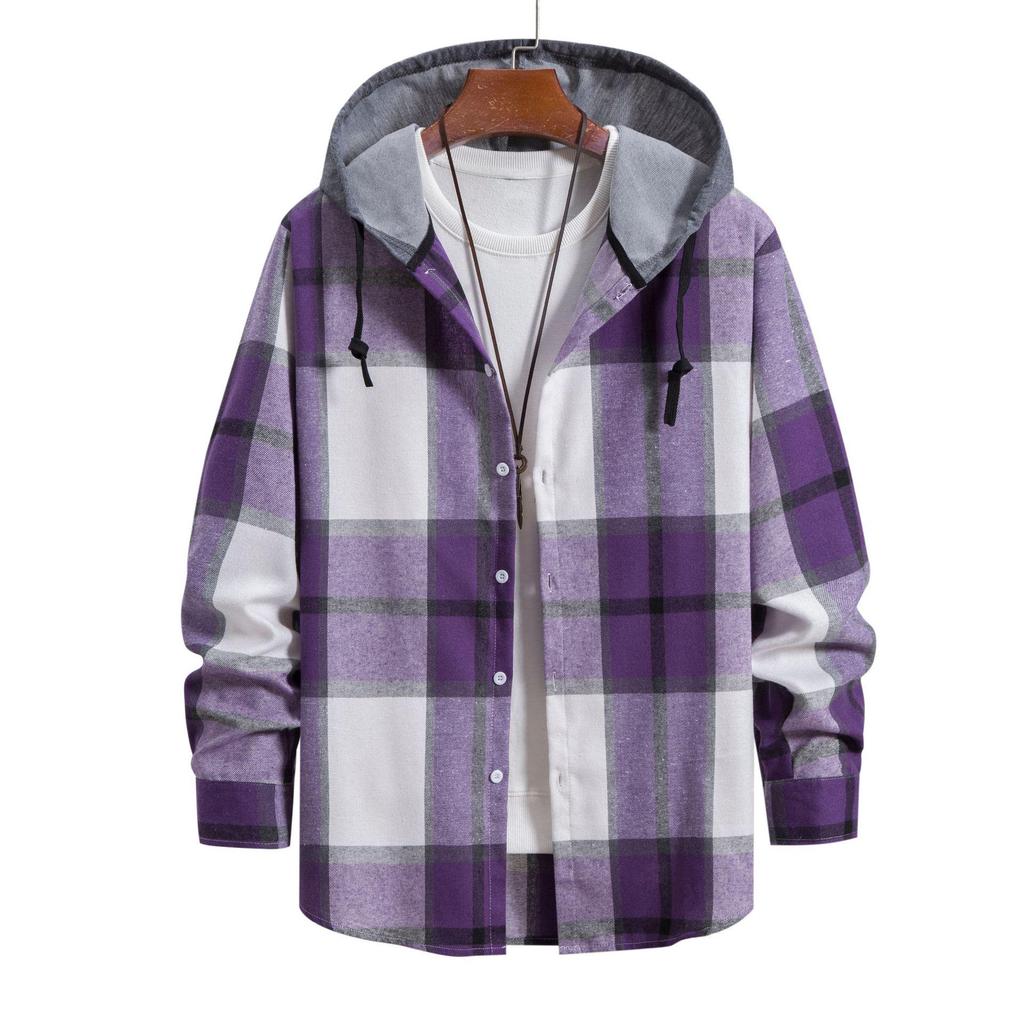 Korean Style Plaid Hooded Long Sleeve Men's Casual Shirt - 2024 Spring/Autumn Trend