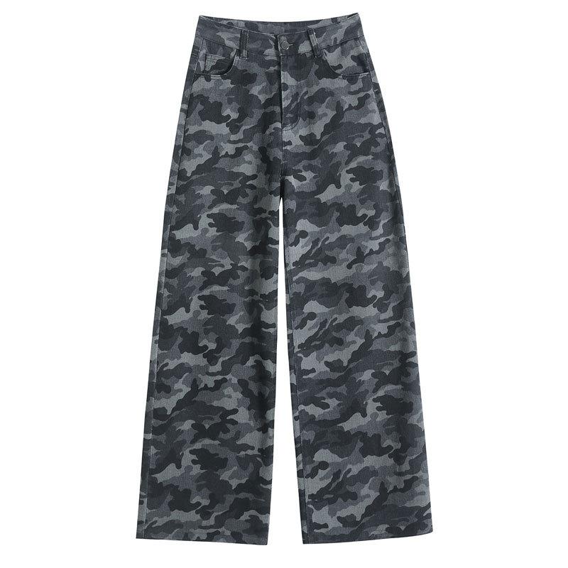 Camouflage Weitbeinige Hosen für Damen Frühling und Herbst Jeans High Waist Freizeithosen