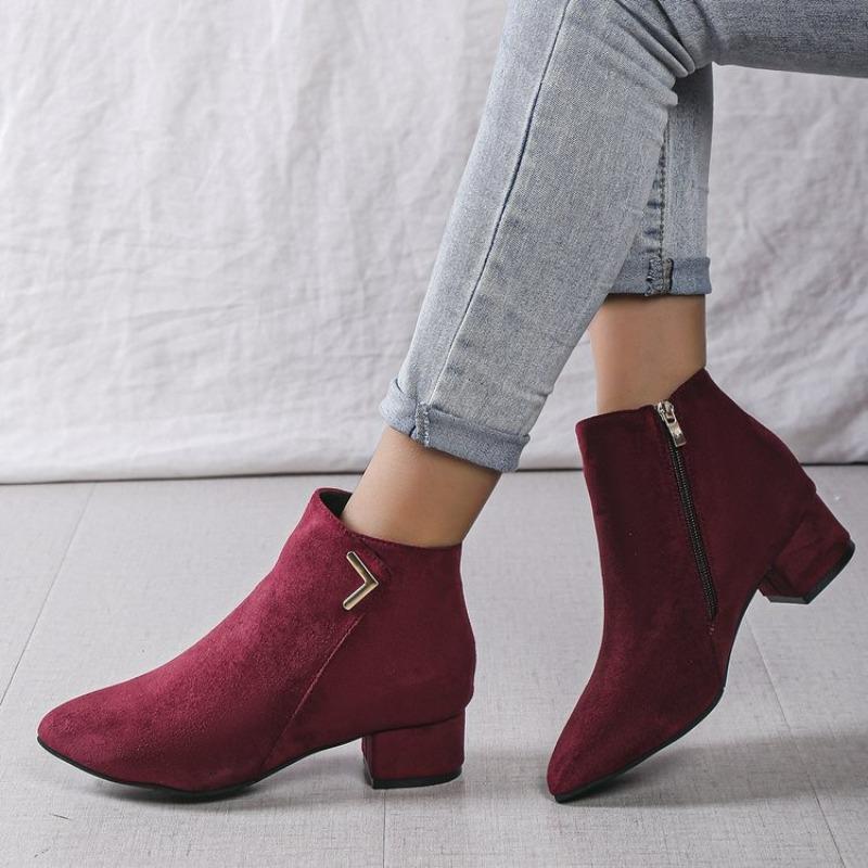 New Large-sized Single Boots, Short Boots, Mid-heel, Thick-heel, Side Zipper Women's Shoes