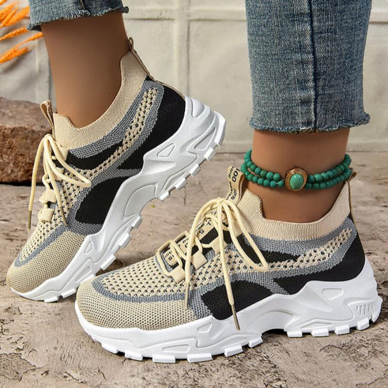 Women's Colorblock Knitted Sneakers Stylish Breathable Low Top Running Trainers, Comfy Outdoor Sports Shoes Plus Size