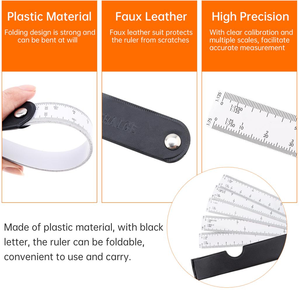 2pcs Plastic Architect Engineering Drafting Scale Ruler Foldable Metric Measuring Tool Heavy Duty Professional