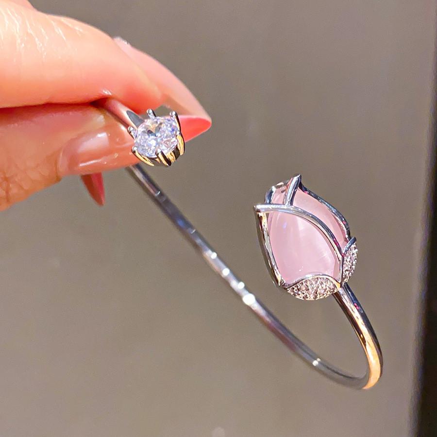 Zircon Cat Eye Flower Open Cuff Bracelet With Stones For Fashion Women