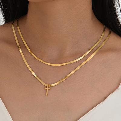2pcs Fashion Minimalist Cross Pendant Necklace Set for Women Gold Color Copper Layered Necklace Vacation Date Party Jewelry Gift