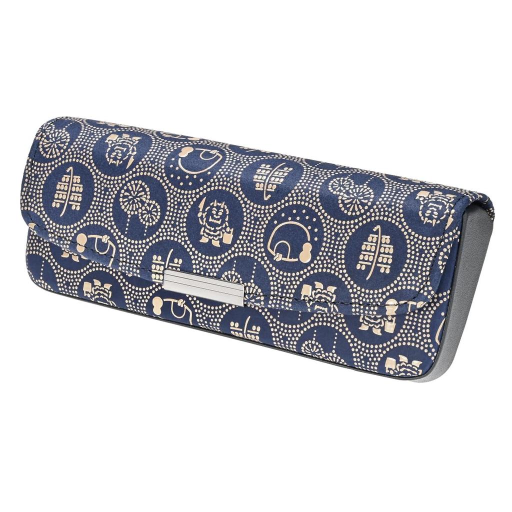 Inden H Glasses Navy Blue with White Akita Akita Prefecture Limited Edition [Inden-ya] Case, Deerskin, Lacquer, Pattern, 4206-14-AKT,