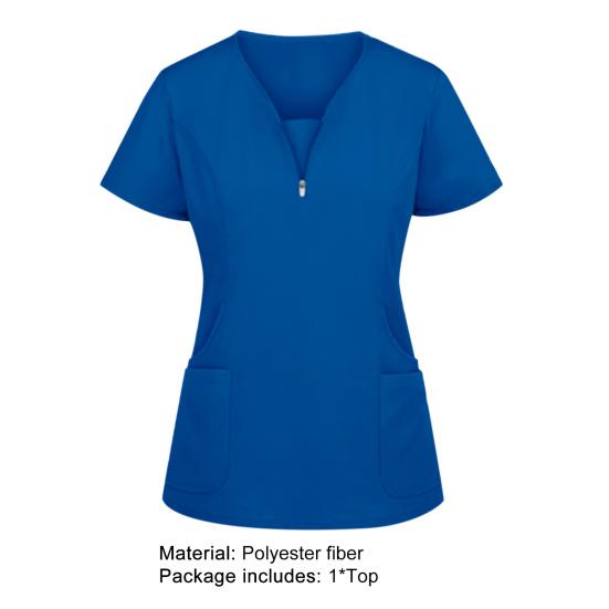 Nurse Top V-Neck Pockets Soft Short Sleeve Anti-Wrinkle Loose Doctor Uniform Workwear