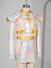 Kids Girls Anime Character Cosplay Outfit Iridescent Gloss Contrast Color Mock Neck Long Sleeve Chest Tassels Decor Back Invisible Crop Top and Matche