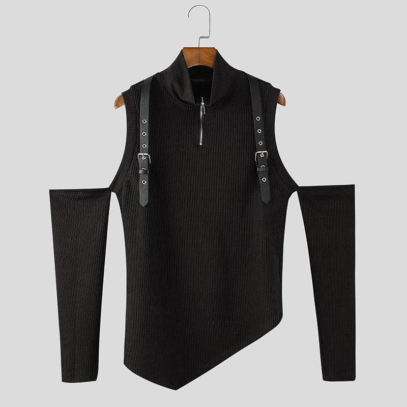 INCERUN Men Zipper High Neck Cold Shoulder Irregular Casual Skinny T-Shirts Tops