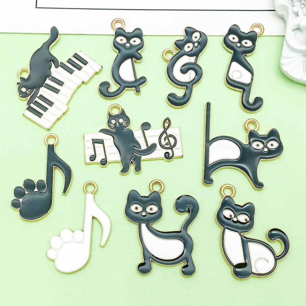 Set of 10 Black & White Enamel Cartoon Cat Music Note Charms for DIY Jewelry