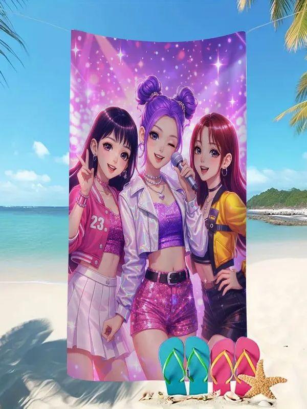 K-Pop Stil Strandtuch mit Lila-Pinkem Farbverlauf Sternenlicht und Girlgroup Geeignet für Strandurlaub Sommergeschenk für Freunde