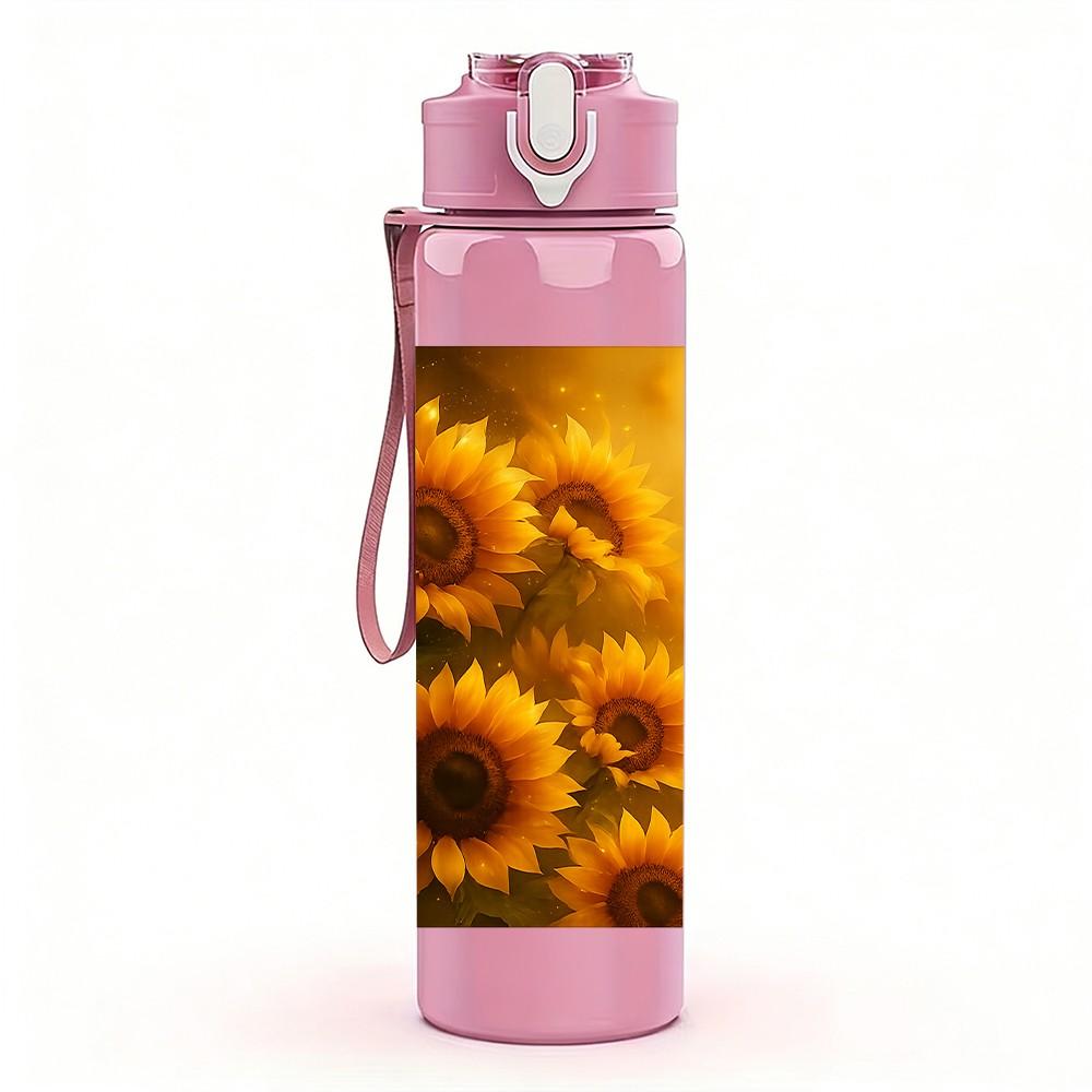 1PC Bright Sunflower Flower Print 750ml Color Plastic Sports Water Bottle Leakproof Flip Straw Lid Suitable for Sports Office Home Use