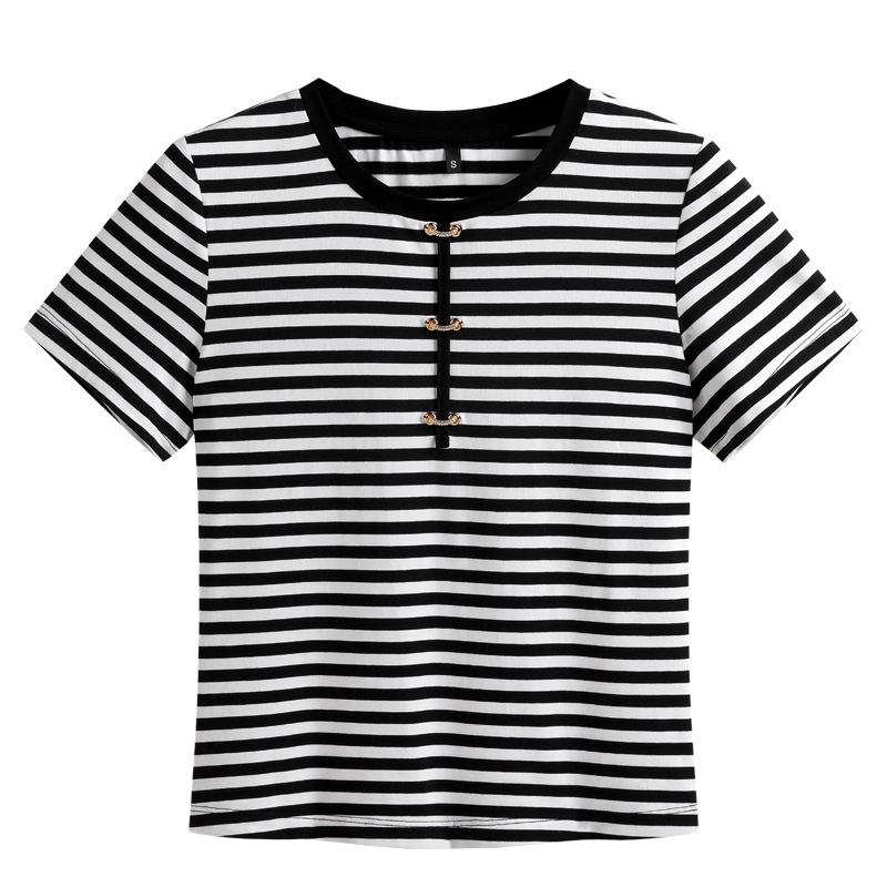 Modal Cotton Women's Striped Short-Sleeve Summer T-shirt 2025 Mom's Casual Elastic Blouse