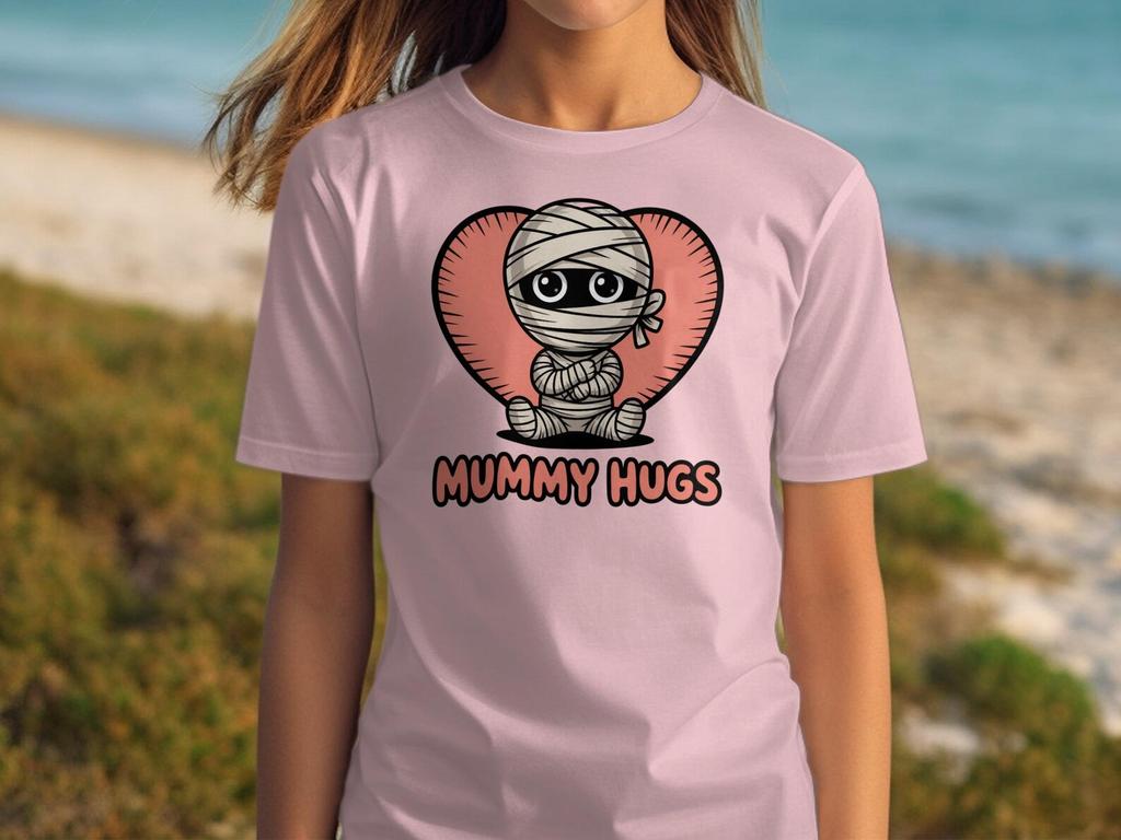 Cute Mummy Hugs T-Shirt, Halloween Mummy T-Shirt, Cartoon Mummy, Love Heart, Funny Halloween Shirt, Spooky Season Apparel