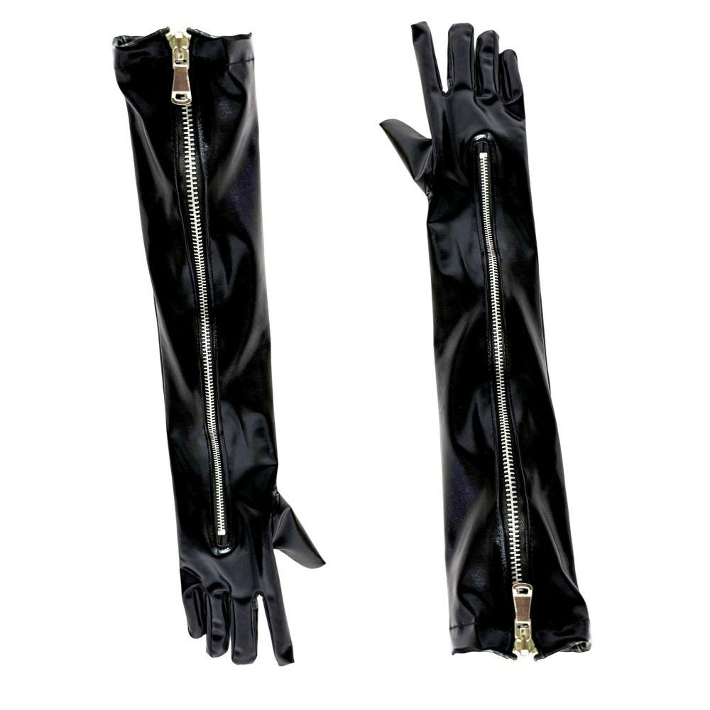 Elastic Patent Leather Black Gloves Shiny Women Gloves Fashion Zipper Long Gloves  Women