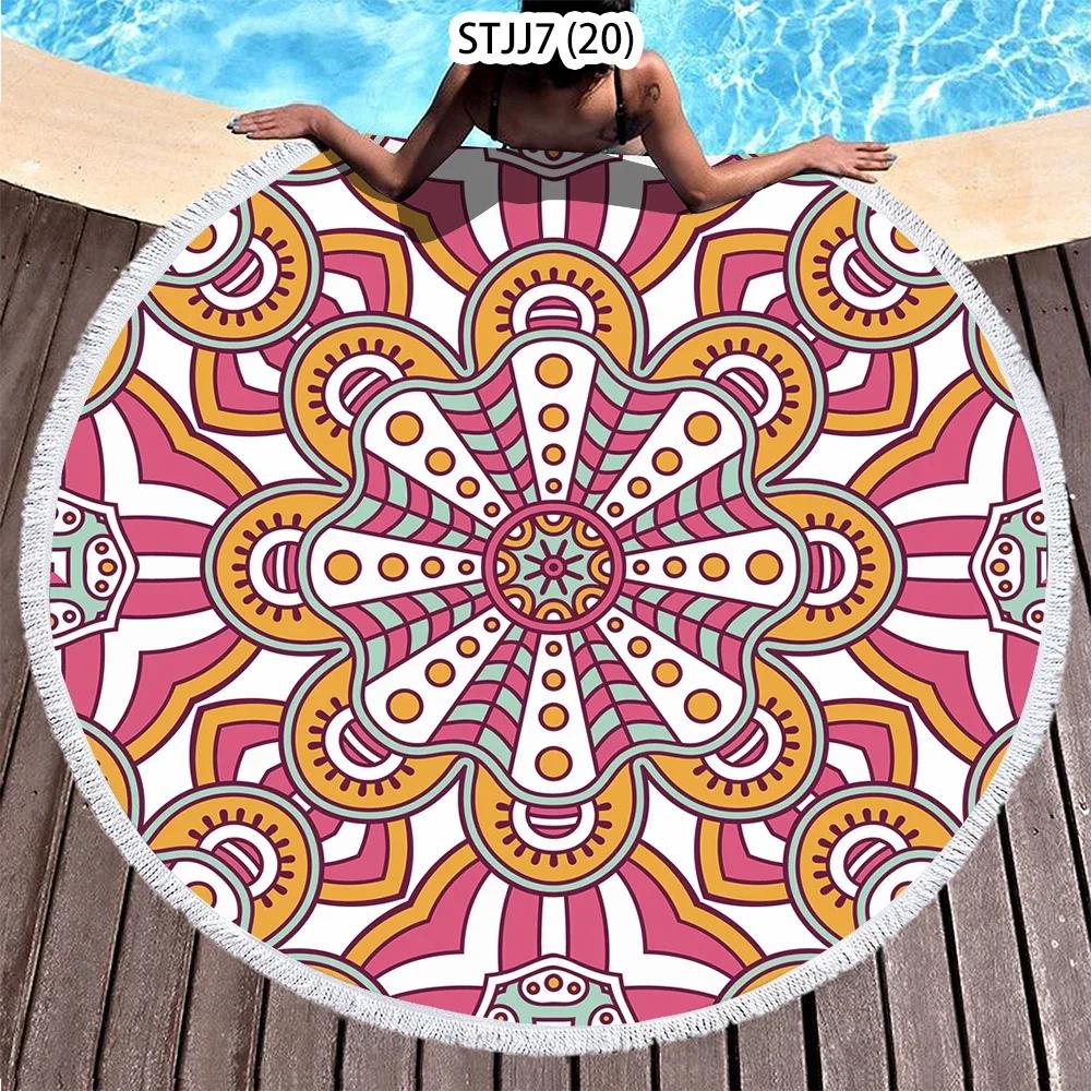 Ethnic Plaid Beach Creative Swimming Towel Microfiber Round Beach Towel Mandala Stripes Adult Large Round Bath Towel
