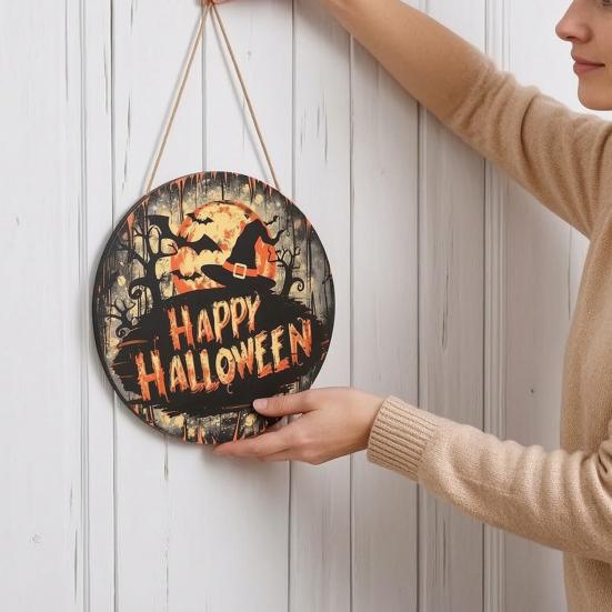 Thanksgiving Yard Display Halloween Wooden Sign,Round Hanging Pendant with Lanyard, Retro Distressed Holiday Home Ornament Wood Skeleton/Pumpkin/Clown
