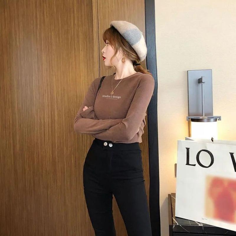 Korean Version Show Off Weight Slim Printing Letter Leisure Versatile Commute Fashion Women's Long Sleeved T-shirt Autumn 2024