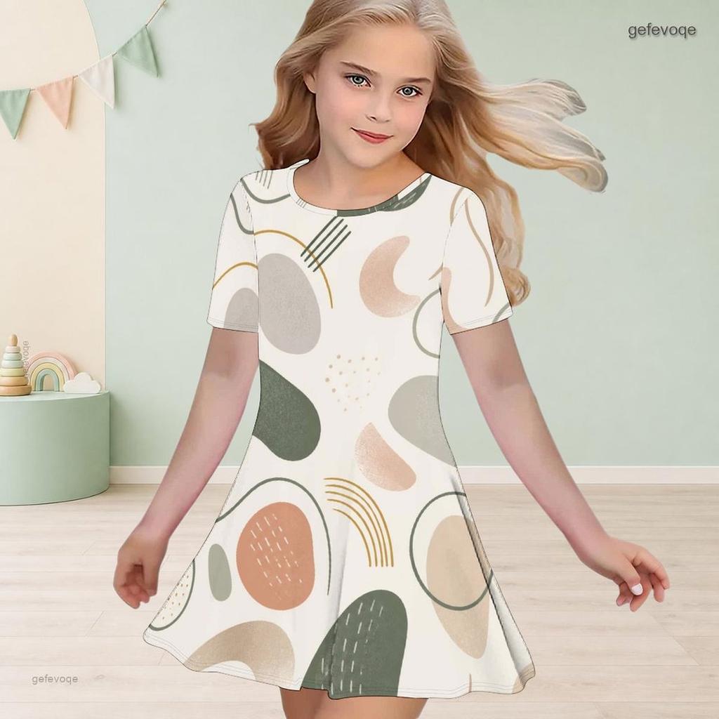 Girls Round Neck Short Sleeve Abstract Printed A Line Flared Dress