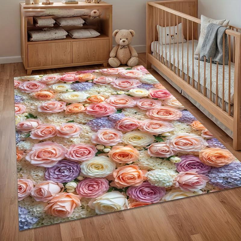 2D Romantic Colorful Rose Hydrangea Area Rug Nordic Floral Print Carpet for Nursery Kids Girls Bedroom Playroom Mothers Day Gift