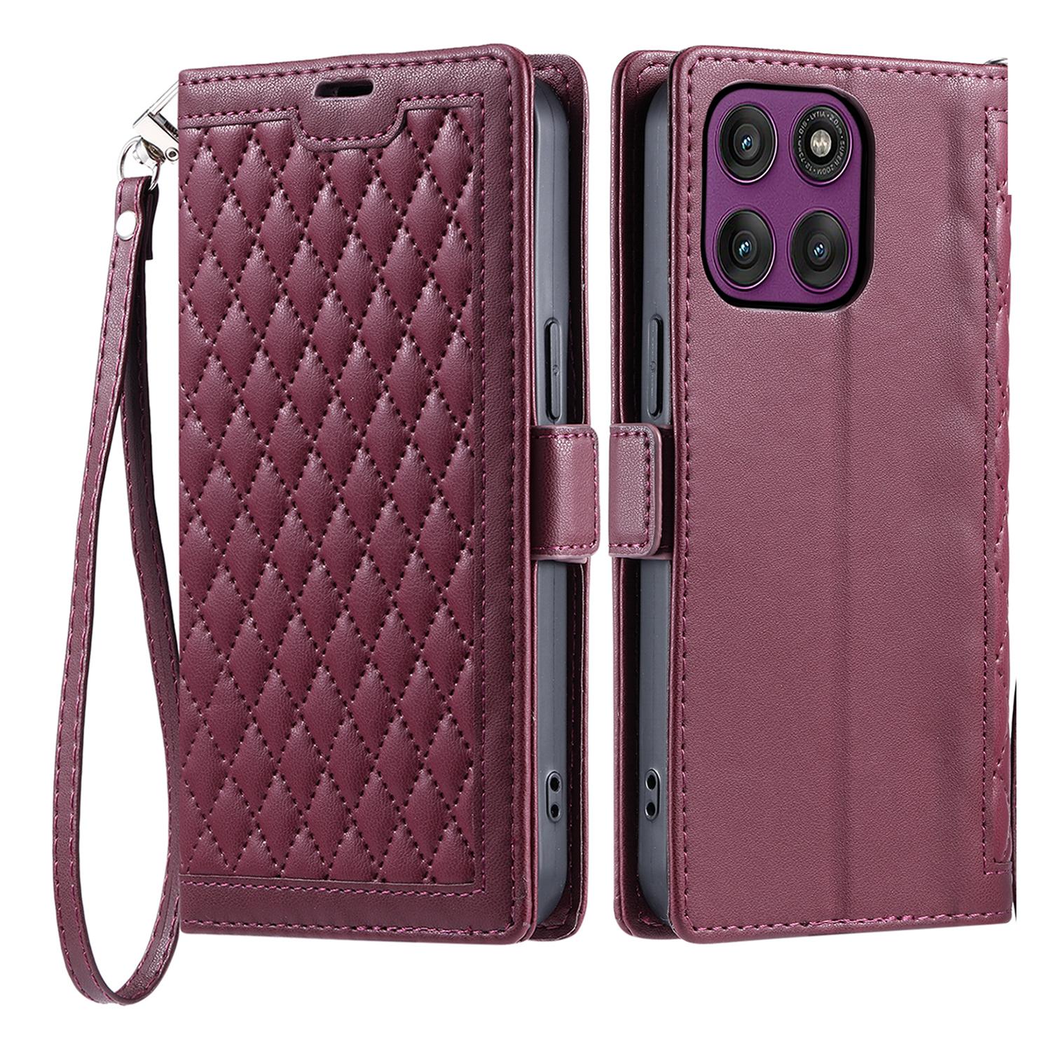 

Для Motorola Moto G86 5G Кожаный чехол Ромбовидная текстура Кошелек Подставка Чехол для телефона с ремешком на запястье Wine Red