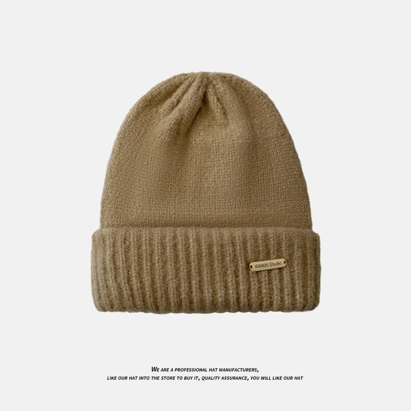 Wool Warm Pile Hat Women's Autumn and Winter Korean Style Trendy Metal Label Knitted Hat Men's Face Revealing Small Loose Thick Wool Hat