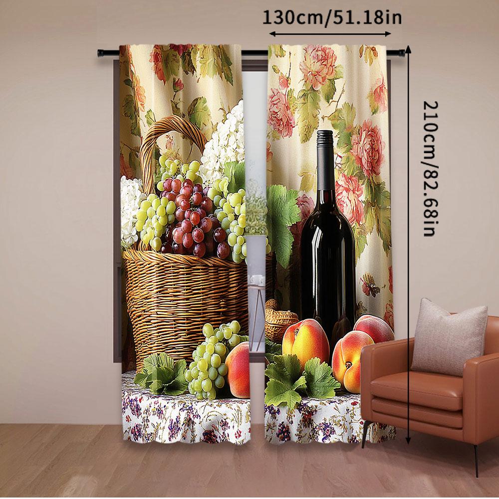 2Pcs Farmhouse Kitchen Curtains Vintage Grapes Fruits Oil Painting Rustic Flower Wine Art Printed Retro Country Living Room