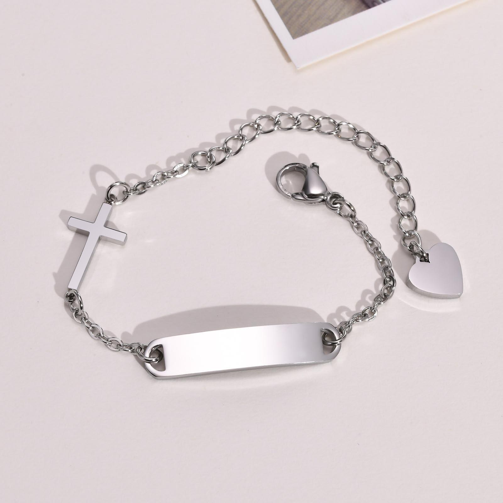 

Personalized Stainless Steel ID Cross Bracelet for Girl Boy Gold Plated, Customized Nameplated Baptism Gift