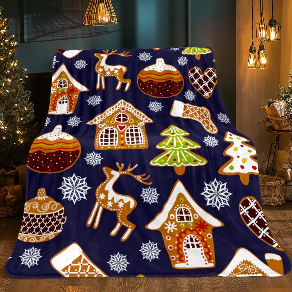 Christmas gingerbread house reindeer snowflake tree ornament pattern navy blue flannel blanket holiday home decor festive winter