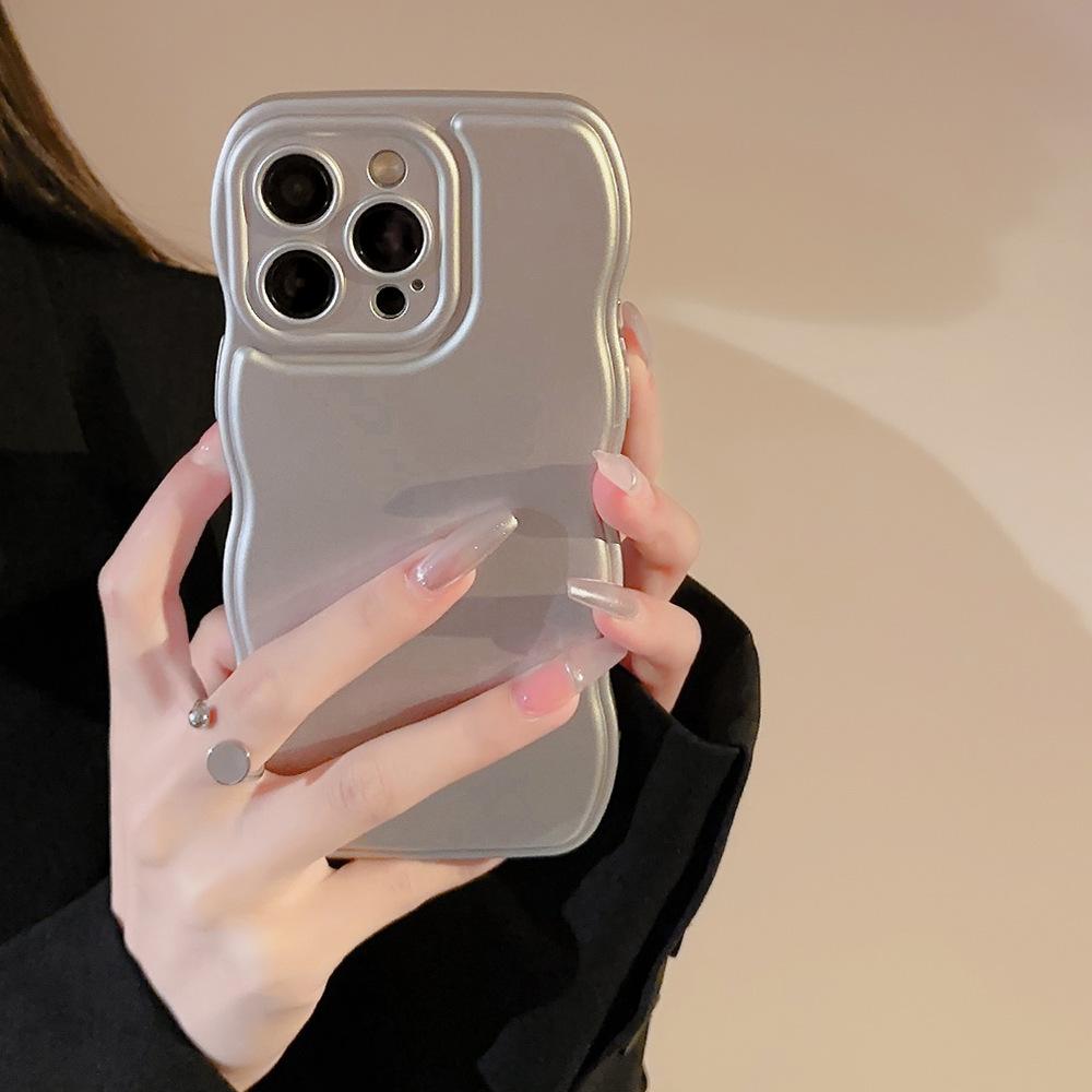 Electroplated Silver Apple 17 Phone Case, High-end Feel for iPhone 14, Suitable for 16, 15 Pro Max, Wavy Edge, Solid Color for 12