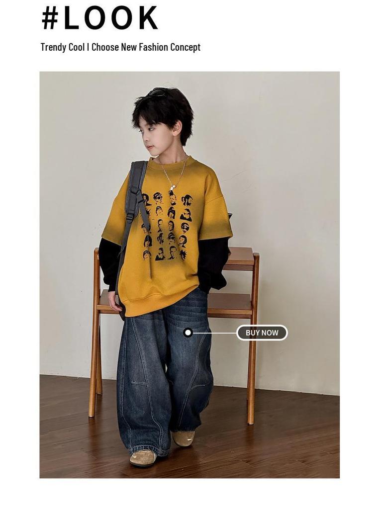 Jungen 2025 Trendiges Langarm-Sweatshirt: Amerikanisches Fake-Zweiteiler-Design für Kinder