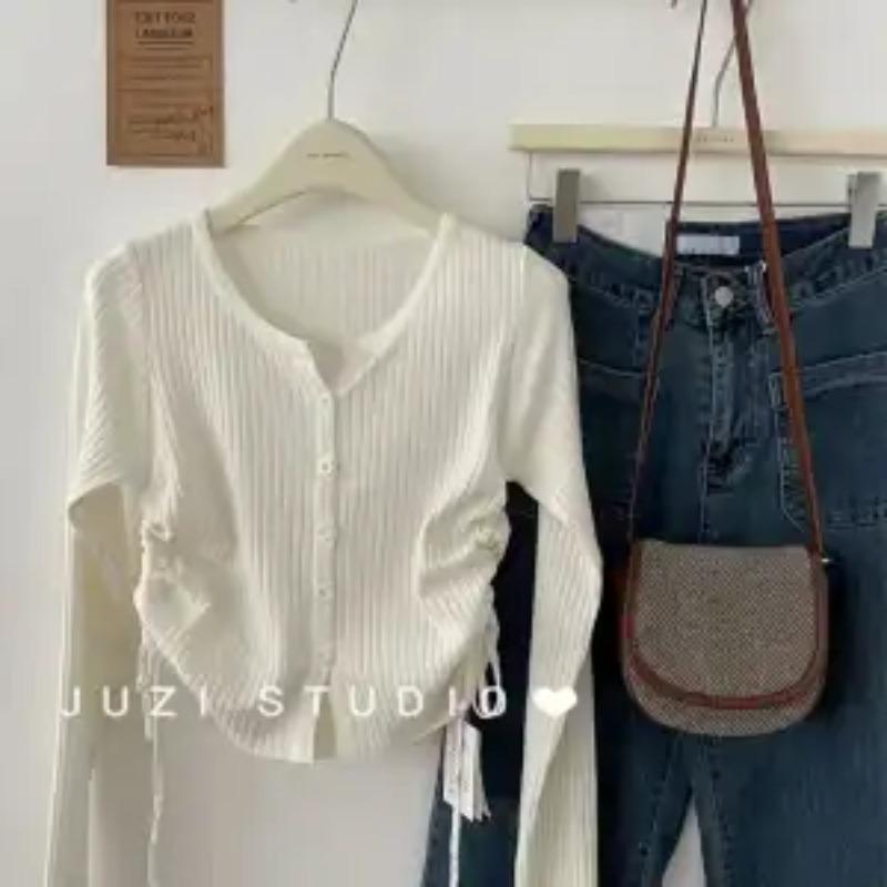 Autumn Women's V-neck Sweater Pure Lust Style Slimming Versatile Cardigan Side Drawstring Long-sleeved Top