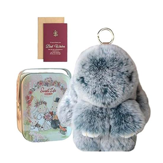 Handmade Soft Plush Bunny Keychain with Tin Box Fluffy Cute Bunny Pom Pom Charm Stuffed Animal Keyring for Easter Birthday Gift