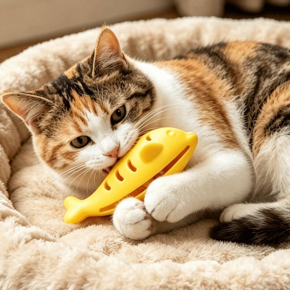 Bite Resistant Cat Toy Silicone Material Treat Dispenser Self Play Fish Cat Toy Pet Training