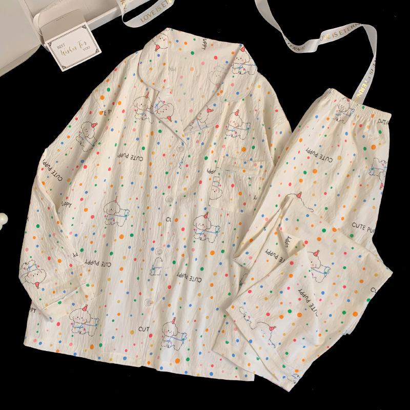 Color Polka Dot Puppy Pajamas Women'S Spring And Autumn Cloud Cotton Long-Sleeved Thin Cartoon Cute Home Set